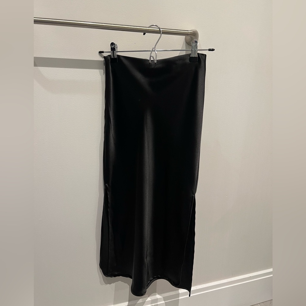 Princess Polly Black Satin Midi Skirt with side slits